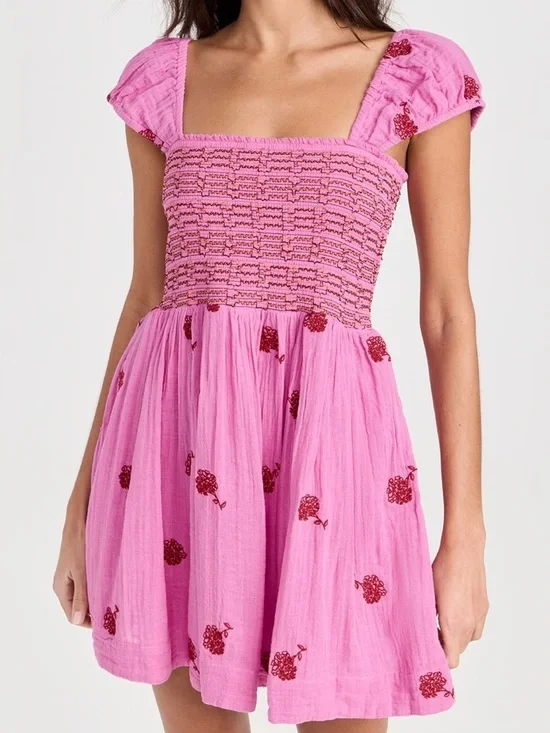 NWT Free People Tory Embroidered Mini Dress Pink Smocked Floral Boho Size Large - Picture 6 of 16